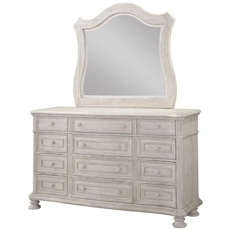 Traditional 12 Drawer Dresser with Felt Lined Top Drawer and Mirror